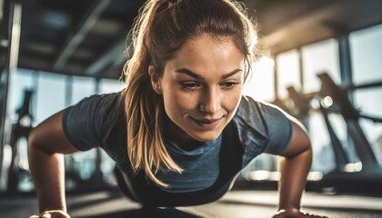 Fototapeta na wymiar Close-up of a young woman in the gym, pushing through an intense set of push-ups