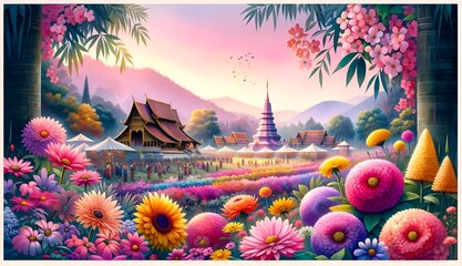 Watercolor landscape in chiang mai with flowers.