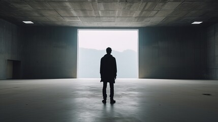 A man standing in an empty space is captured in a cinematic manner. - obrazy, fototapety, plakaty