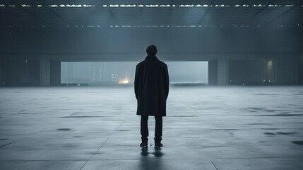 A man standing in an empty space is captured in a cinematic manner.