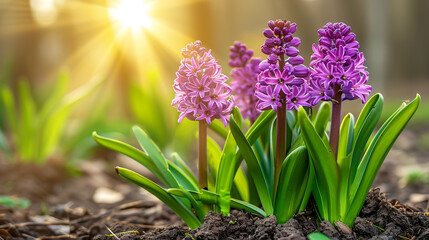 Obraz premium Beautiful purple hyacinth blooms in a spring garden in sunset lighting.