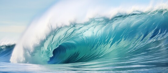 Fototapeta na wymiar Ocean wave crashing in blue water.