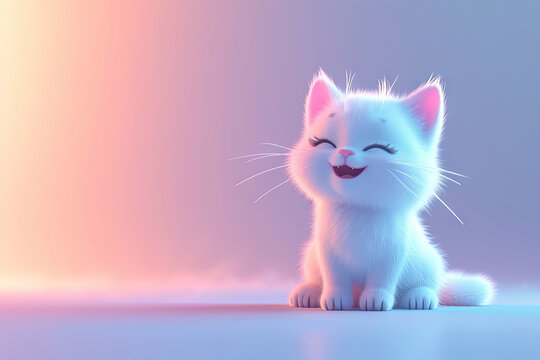 A 3D Cartoon Character Of An Adorable White Kitten Against A Gradient Background, Offering Free Copy Space