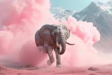 elephant running on pastel pink background in smoke