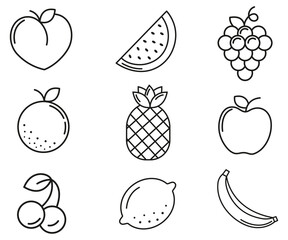 Fruits simple drawing, exoctic and fresh fruits line art, vitamins vector illustration isolated on white background - obrazy, fototapety, plakaty
