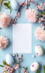 Naklejka na ściany i meble Creative Easter flat lay design with white paper blank and spring flowers