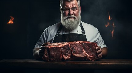 Fresh bacon meat was cut by a butcher with a beard wearing a fleece shirt. - obrazy, fototapety, plakaty