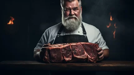 Fotobehang Fresh bacon meat was cut by a butcher with a beard wearing a fleece shirt. © Akbar