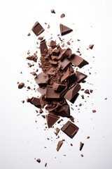 broken chocolate pieces are floating over white background