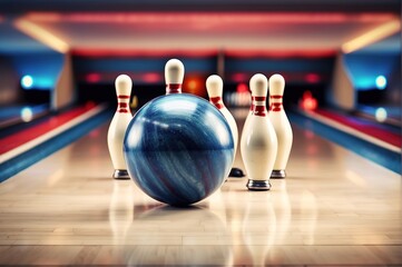 Bowling Ball crashing into the pins on bowling alley line