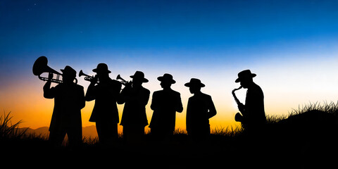 Silhouette of a group of musicians playing jazz in the middle of a meadow in the evening sun with mountains in background. illustration, music festival, performance, music, celebration, event, fun - obrazy, fototapety, plakaty