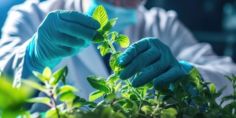 Close-up of a scientist testing GMO plant in biological laboratory - obrazy, fototapety, plakaty