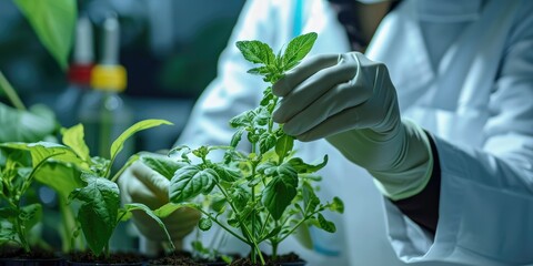 Close-up of a scientist testing GMO plant in biological laboratory - obrazy, fototapety, plakaty