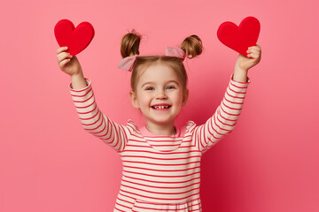 Excited little girl with heart cutouts celebrating Valentine's Day, joyful and smiling