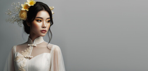 Portrait of a charming young asian lady with a flower crown in a vintage blouse on gray background.