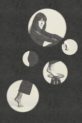Portrait of woman with black hair, outfit and bare feet standing with one leg placed on chair and looking to camera. Part model body visible through stencil with holes. Retro vintage halftone pattern
