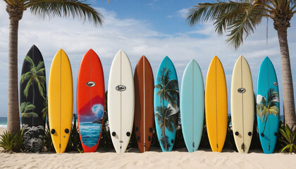 Tropical surfboard collection against palm tree backdrop.