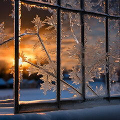 Golden Winter Sunset Through Frosted Window