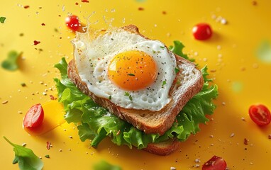 Flying breakfast with fried egg, toast, vegetables on yellow background ​