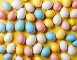 Vibrant Easter Egg Display on Sunny Yellow Surface