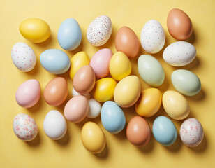 Fototapeta na wymiar Vibrant Easter Egg Display on Sunny Yellow Surface