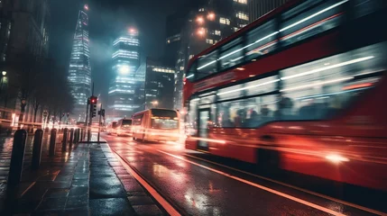 Fototapeten London red buses zooming through City skyscrapers night street © LensDreamer