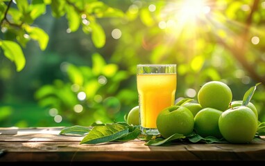 Green apples and a glass of juice on a wooden table