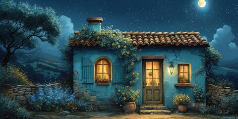 Illustration night blue and teal idyllic rural scenes 
with a house