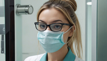 Woman wearing a protective face mask and foggy glasses, looking in mirror. Close-up shot focusing on COVID-19 prevention. - Powered by Adobe