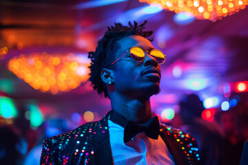 Stylish man with sunglasses at a vibrant party with colorful lights.