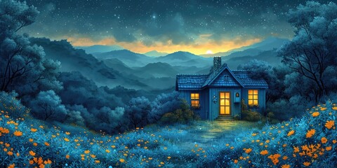 Illustration night blue and teal idyllic rural scenes 
with a house