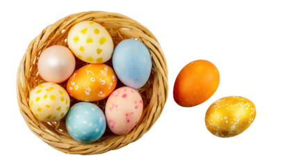 Easter eggs in basket top view isolated