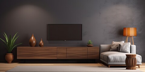 Nighttime living room with a dark wall, wood cabinet, TV, and sofa.