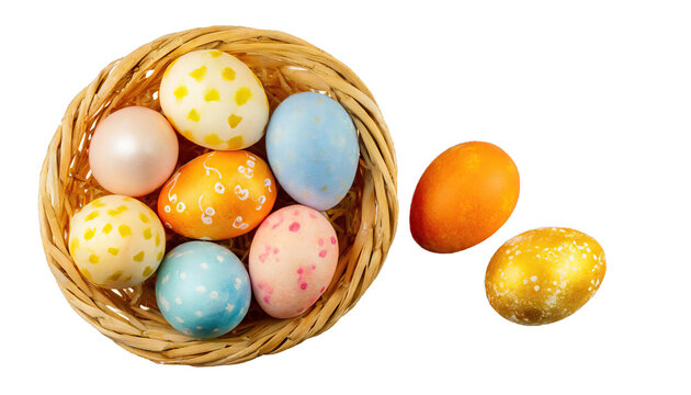 Easter eggs in basket top view isolated