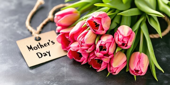 Mother's Day, a bouquet of tulips flowers with a heart and the inscription "Mother's Day"