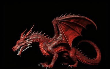 large full-length dragon, red, cute, on a black background, space for text 