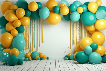 Contemporary birthday backdrop featuring colorful balloons in teal, turquoise, and yellow shades. Rendered in 3D. Generative AI