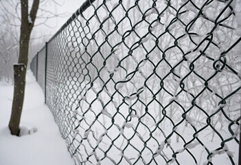 Snow-covered chain link fence