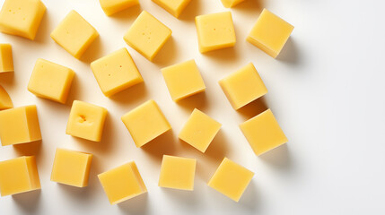 maasdam cheese cubes isolated on white background close up, top view , Generate AI - obrazy, fototapety, plakaty