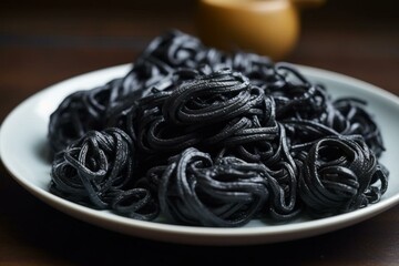 Illustration of squid ink pasta arranged on a plate. Generative AI - obrazy, fototapety, plakaty