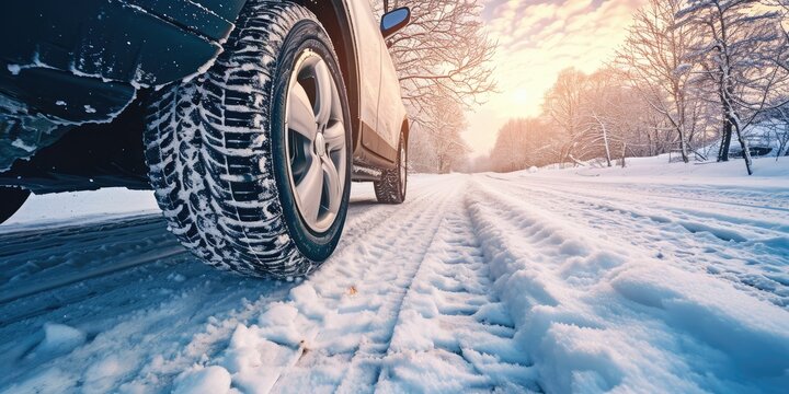 Modern car winter tire on a winter road