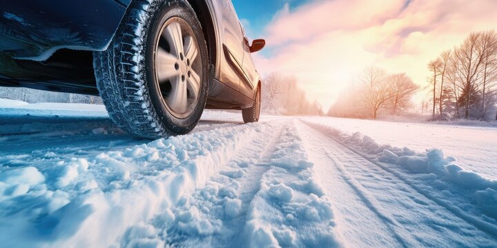 Modern car winter tire on a winter road