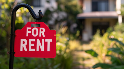 Red panel with 'FOR RENT' text against a blurry background featuring a garden and house. Rental property indicator with residential appeal.