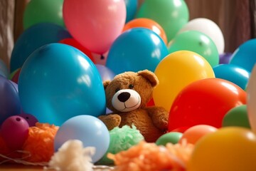 Many vibrant balloons and a cuddly toy. Generative AI - obrazy, fototapety, plakaty