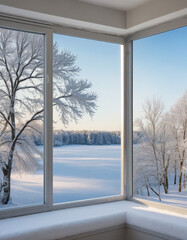 A scenic view of snowy landscape from a window.
