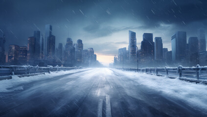 A snowy street with parked cars, snow blowing outside, Snow storm in the city. a winter snow covered road in a city, concept of traffic safety on a slippery road - Powered by Adobe