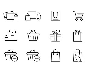 Vector black line icon set business commerce. Outline symbol payment and online collection investment management. Pictogram market bag and price element shop