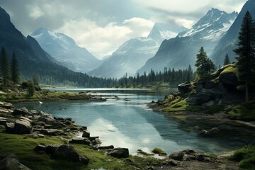 Scenic view of a serene lake surrounded by lofty mountains. Generative AI