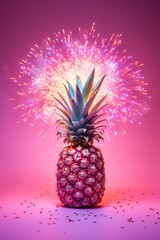 pineapple in fireworks over the pink background