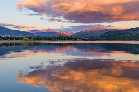 Autumn Sunset at Dillon Reservoir - A colorful sunset view of Dillon Reservoir on a calm Autumn evening. Dillon, Summit County, Colorado, USA.